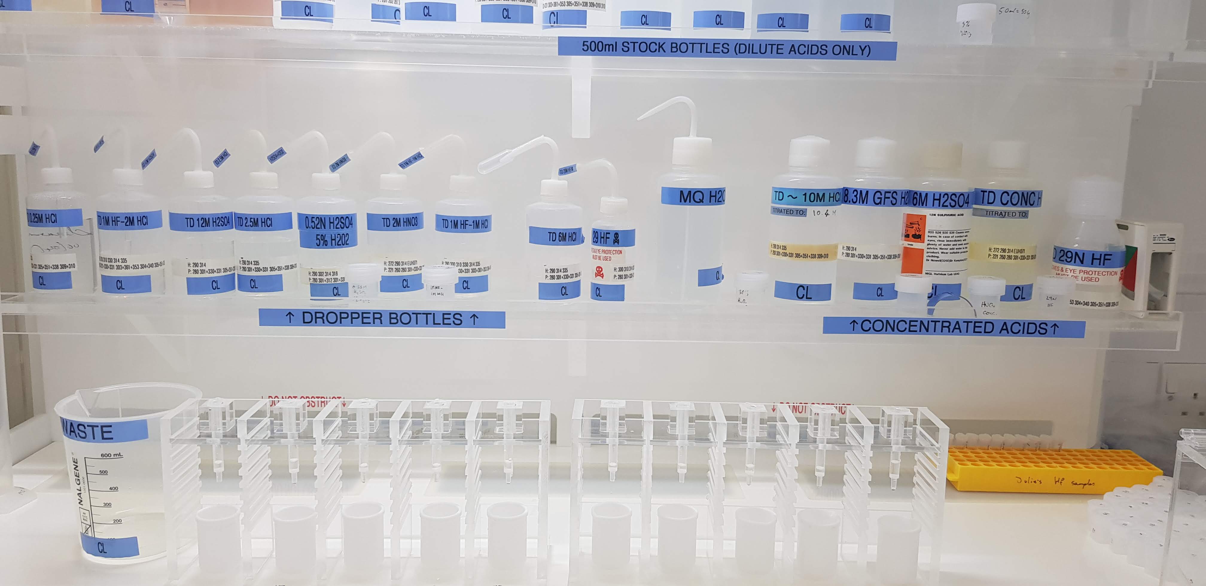 Laboratory shelf with clear and white beakers, bottles, and other containers with blue labels